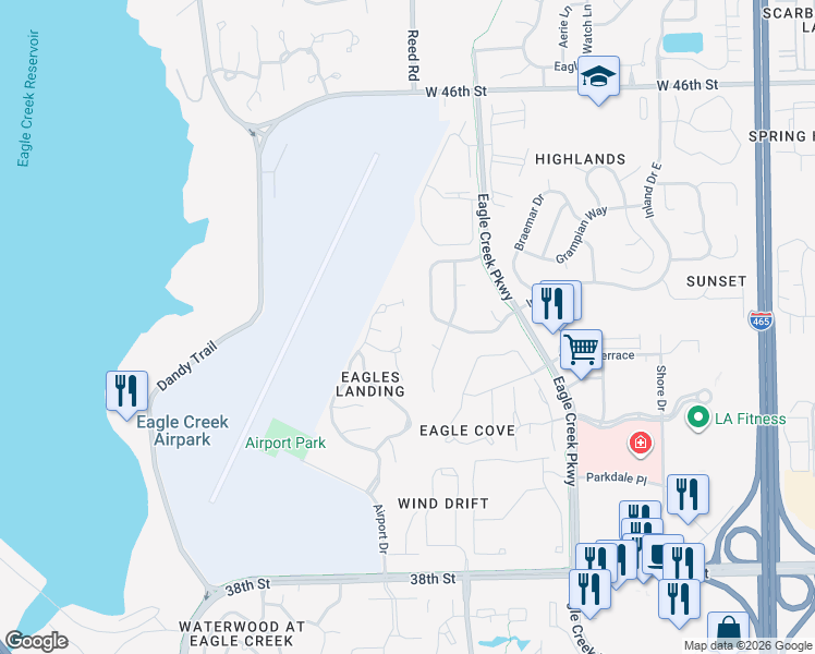 map of restaurants, bars, coffee shops, grocery stores, and more near 4230 Kestrel Court in Indianapolis
