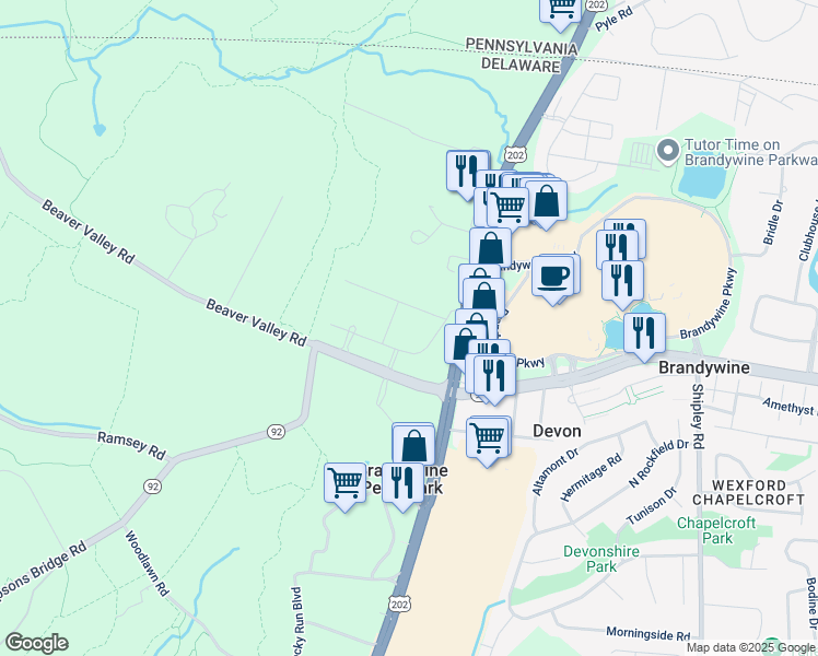 map of restaurants, bars, coffee shops, grocery stores, and more near 1 Beaver Valley Road in Wilmington