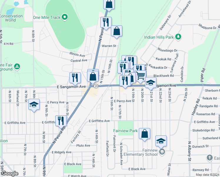 map of restaurants, bars, coffee shops, grocery stores, and more near 1530 East Sangamon Avenue in Springfield