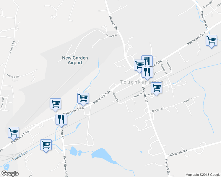 map of restaurants, bars, coffee shops, grocery stores, and more near 1619 Baltimore Pike in Toughkenamon