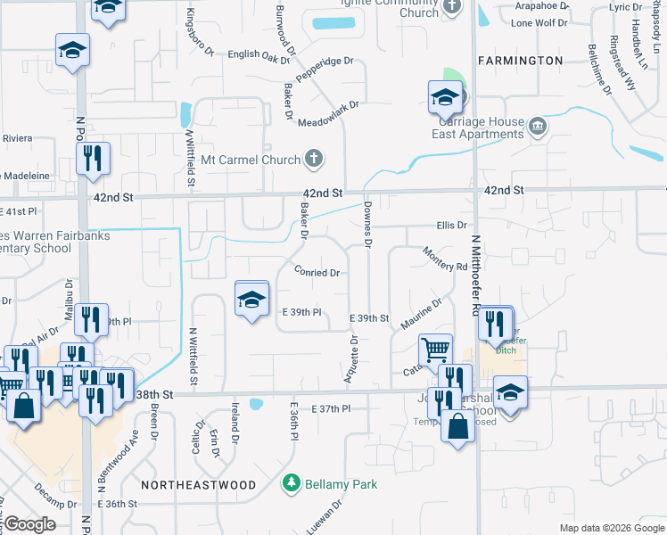 map of restaurants, bars, coffee shops, grocery stores, and more near 9706 Conried Drive in Indianapolis