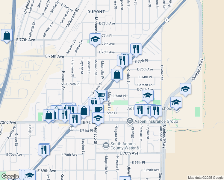 map of restaurants, bars, coffee shops, grocery stores, and more near 6600 East 74th Avenue in Commerce City