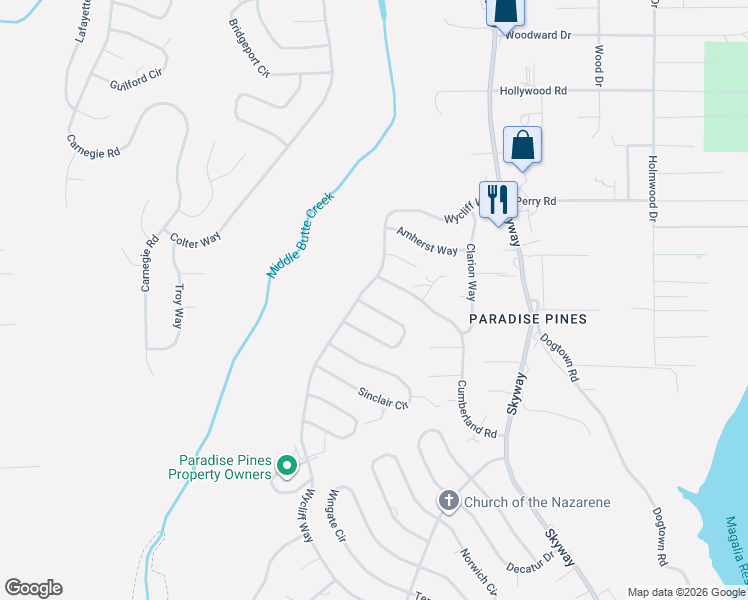 map of restaurants, bars, coffee shops, grocery stores, and more near 14378 Bethany Circle in Magalia