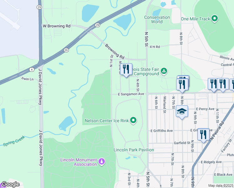 map of restaurants, bars, coffee shops, grocery stores, and more near 127 East Sangamon Avenue in Springfield