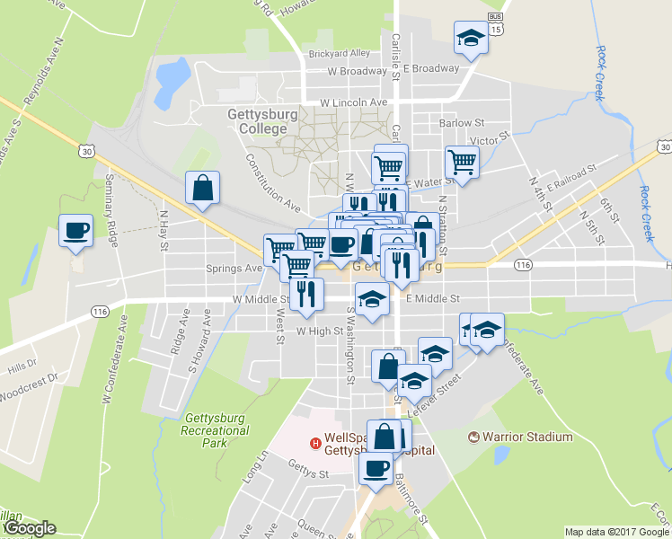 map of restaurants, bars, coffee shops, grocery stores, and more near 122 Lincoln Highway in Gettysburg