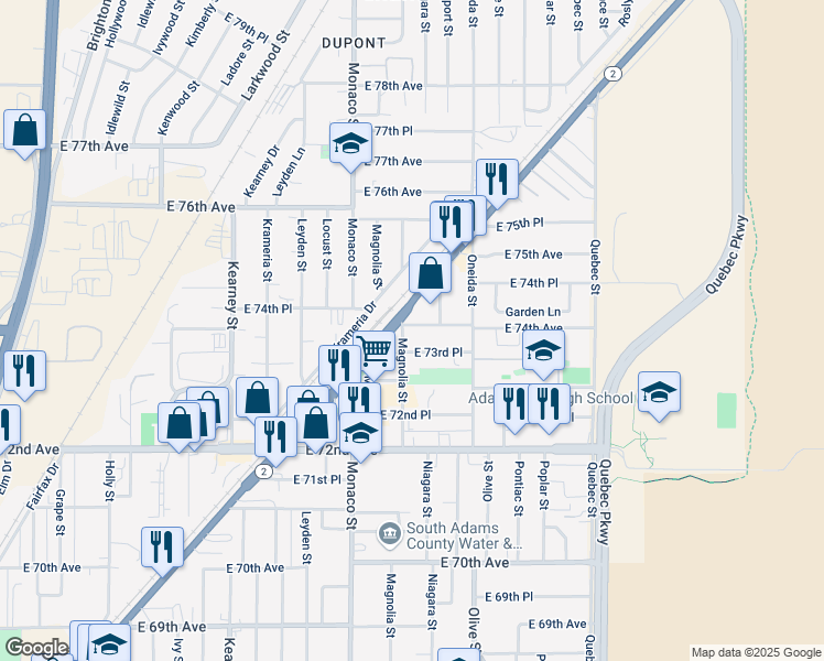 map of restaurants, bars, coffee shops, grocery stores, and more near 6600 East 74th Avenue in Commerce City