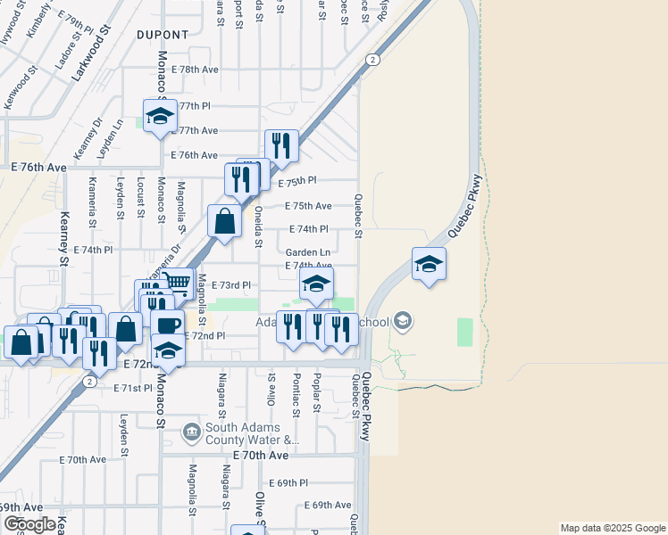 map of restaurants, bars, coffee shops, grocery stores, and more near 7238 Garden Lane in Commerce City