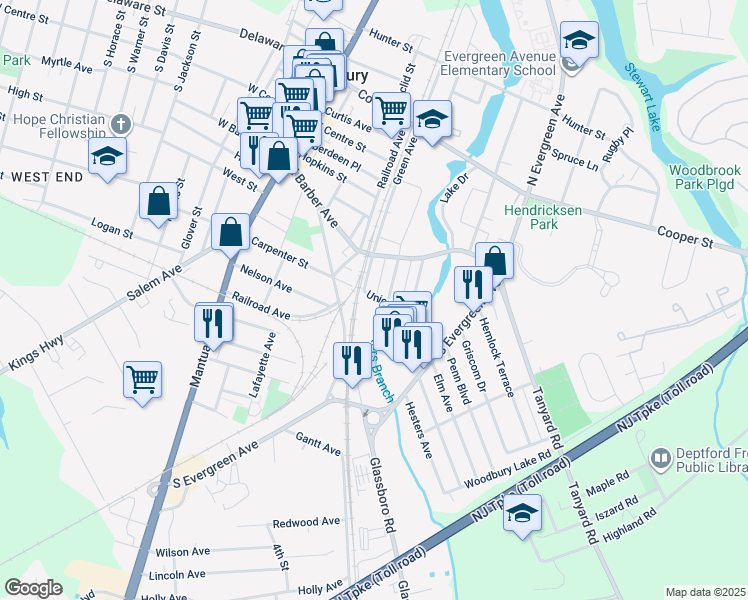map of restaurants, bars, coffee shops, grocery stores, and more near 238 Green Avenue in Woodbury