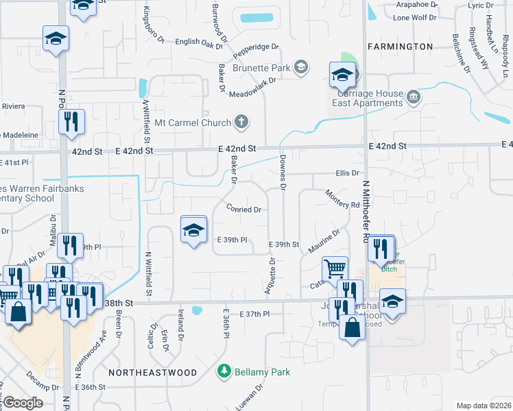 map of restaurants, bars, coffee shops, grocery stores, and more near 9706 Conried Drive in Indianapolis