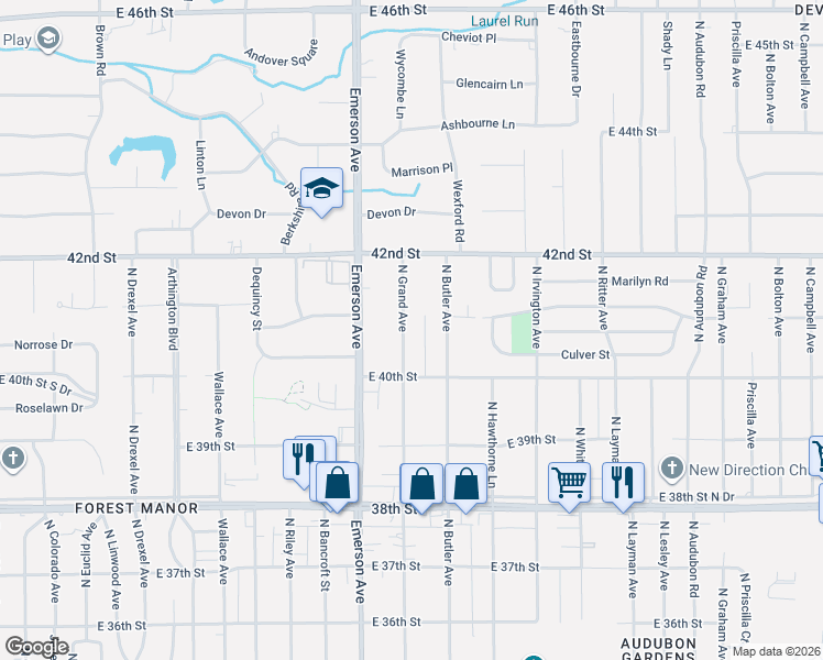 map of restaurants, bars, coffee shops, grocery stores, and more near 4064 North Grand Avenue in Indianapolis