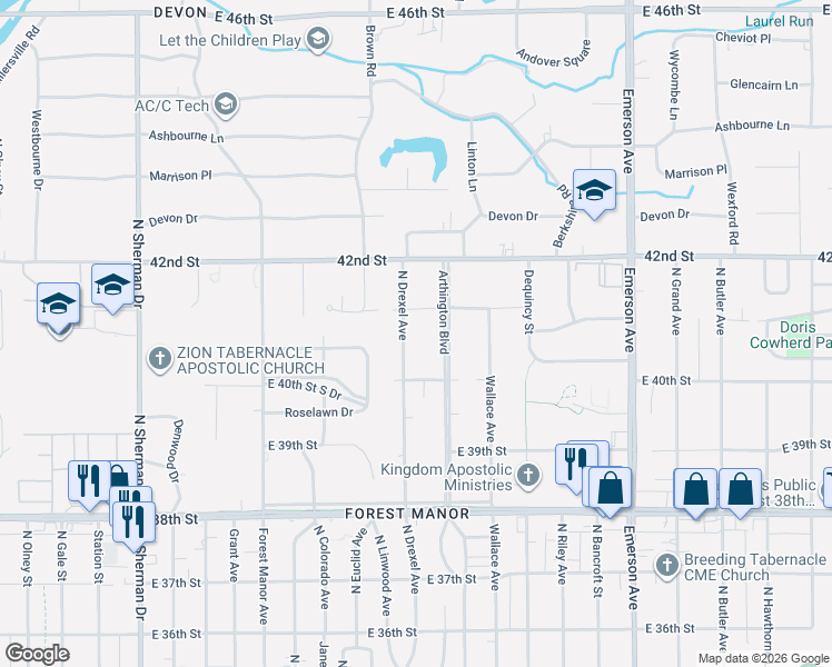 map of restaurants, bars, coffee shops, grocery stores, and more near 4059 North Drexel Avenue in Indianapolis