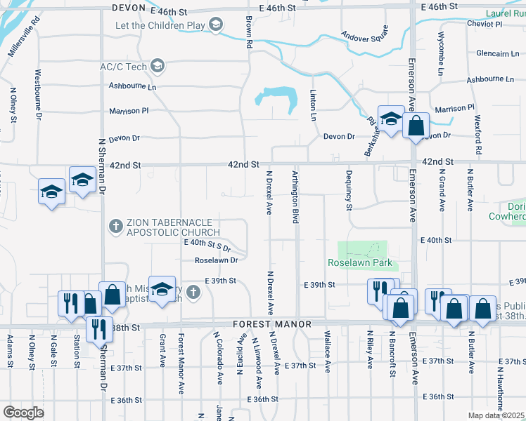 map of restaurants, bars, coffee shops, grocery stores, and more near 4059 North Drexel Avenue in Indianapolis