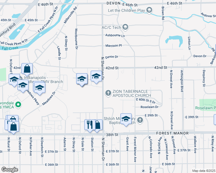 map of restaurants, bars, coffee shops, grocery stores, and more near 4025 North Sherman Drive in Indianapolis