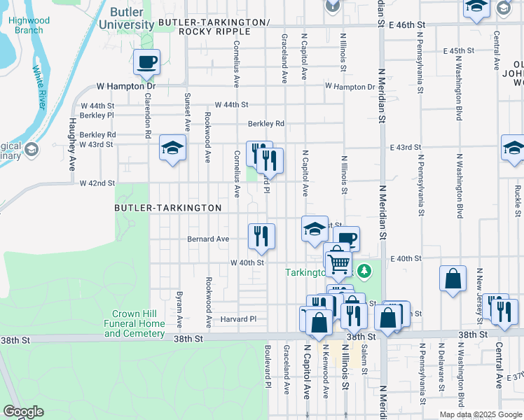 map of restaurants, bars, coffee shops, grocery stores, and more near 4110 Boulevard Place in Indianapolis