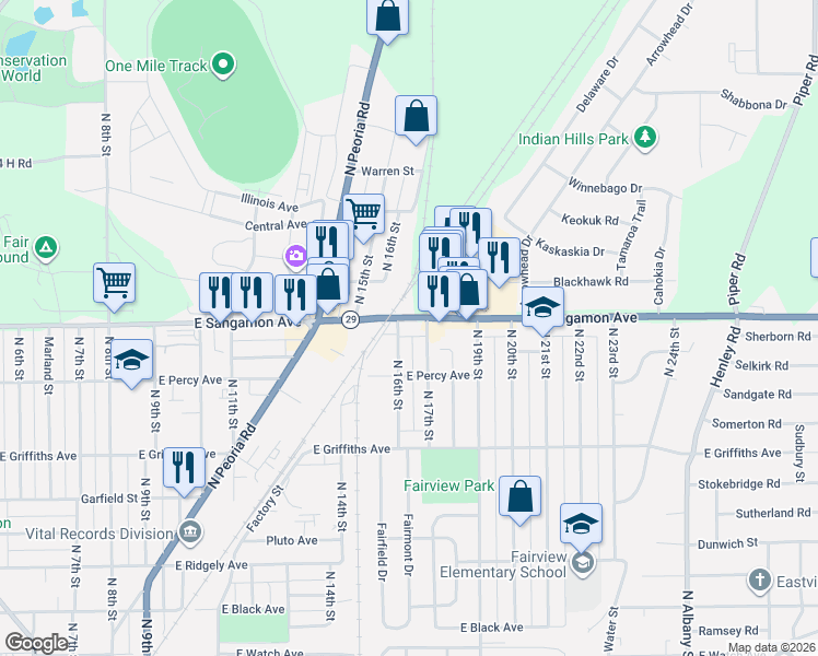 map of restaurants, bars, coffee shops, grocery stores, and more near 1610 East Sangamon Avenue in Springfield