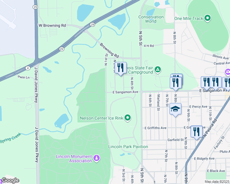 map of restaurants, bars, coffee shops, grocery stores, and more near 127 East Sangamon Avenue in Springfield