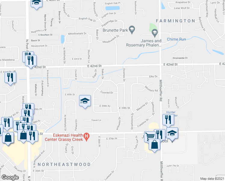 map of restaurants, bars, coffee shops, grocery stores, and more near 9706 Conried Drive in Indianapolis