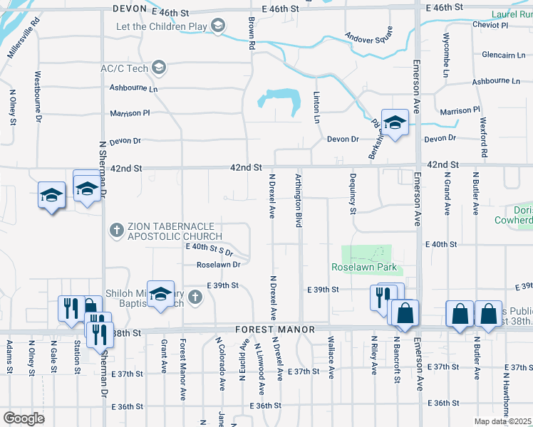 map of restaurants, bars, coffee shops, grocery stores, and more near 4059 North Drexel Avenue in Indianapolis