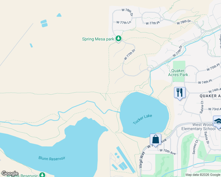 map of restaurants, bars, coffee shops, grocery stores, and more near 7610 Windy Court in Arvada