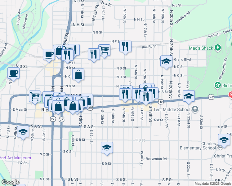 map of restaurants, bars, coffee shops, grocery stores, and more near 106 North 14th Street in Richmond