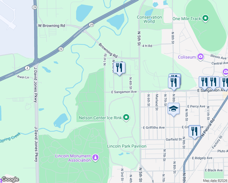 map of restaurants, bars, coffee shops, grocery stores, and more near 127 East Sangamon Avenue in Springfield