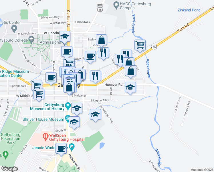 map of restaurants, bars, coffee shops, grocery stores, and more near 47 Hanover Street in Gettysburg