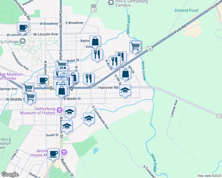 map of restaurants, bars, coffee shops, grocery stores, and more near 131 Hanover Street in Gettysburg