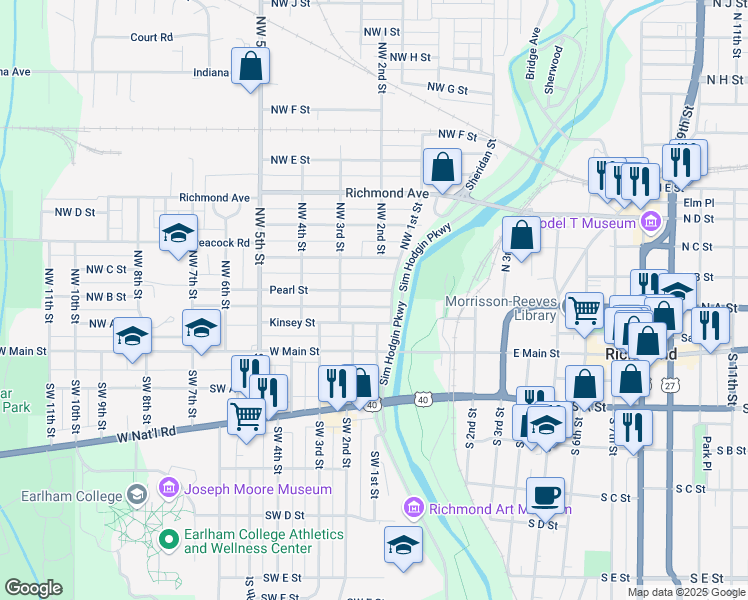 map of restaurants, bars, coffee shops, grocery stores, and more near 205 1/2 Pearl Street in Richmond