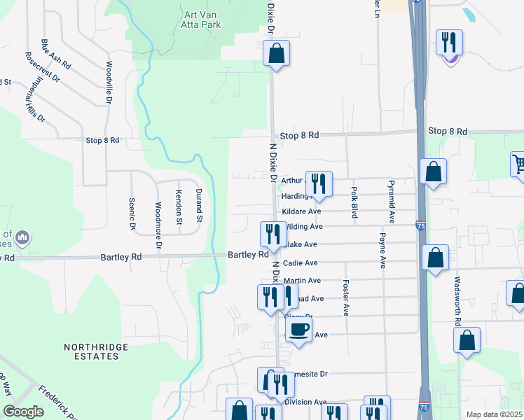 map of restaurants, bars, coffee shops, grocery stores, and more near 2713 Tangy Court in Dayton