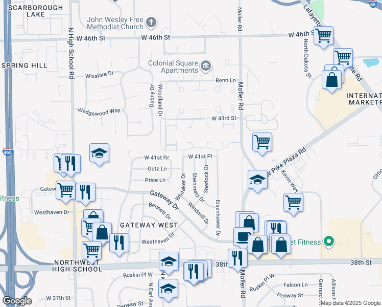 map of restaurants, bars, coffee shops, grocery stores, and more near 5714 West 41st Place in Indianapolis