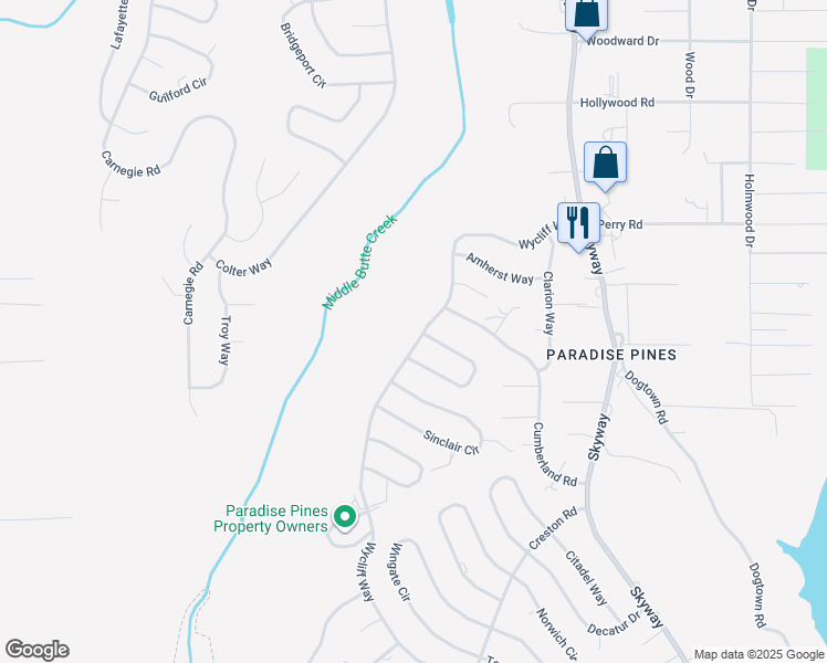 map of restaurants, bars, coffee shops, grocery stores, and more near 14317 Wycliff Way in Magalia