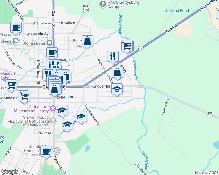 map of restaurants, bars, coffee shops, grocery stores, and more near 177 Hanover Road in Gettysburg