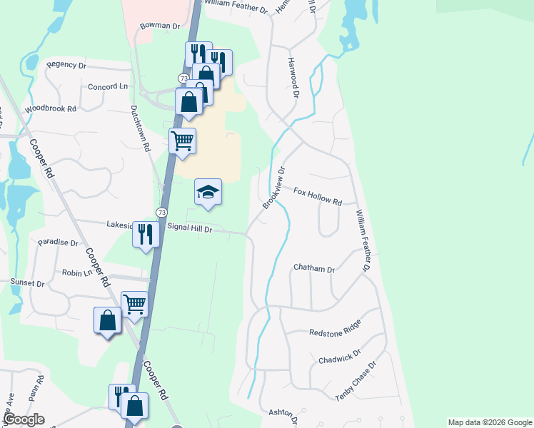 map of restaurants, bars, coffee shops, grocery stores, and more near 26 Brookview Drive in Voorhees Township