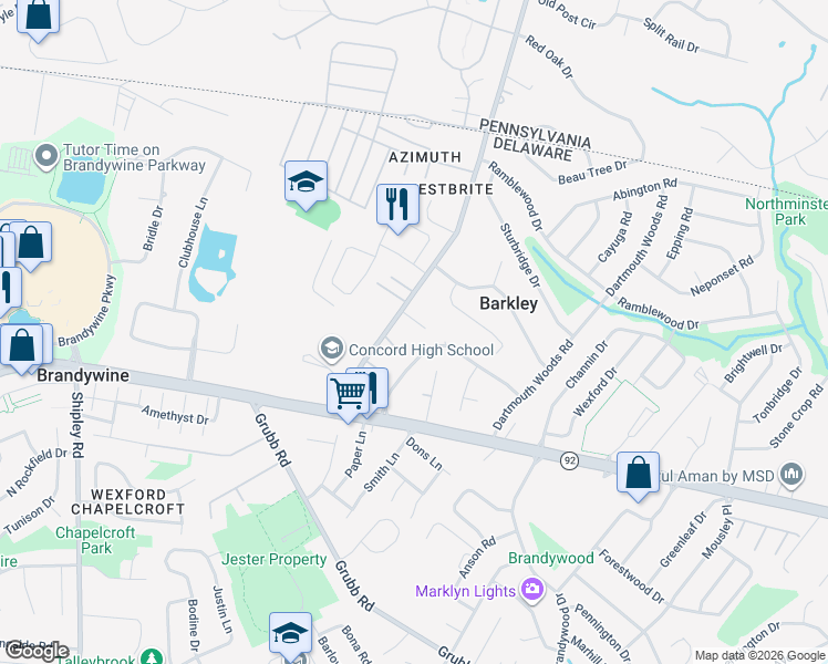 map of restaurants, bars, coffee shops, grocery stores, and more near 2526 Ebright Road in Wilmington