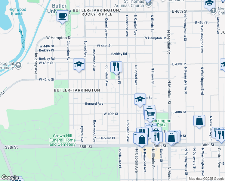 map of restaurants, bars, coffee shops, grocery stores, and more near 324 West 41st Street in Indianapolis