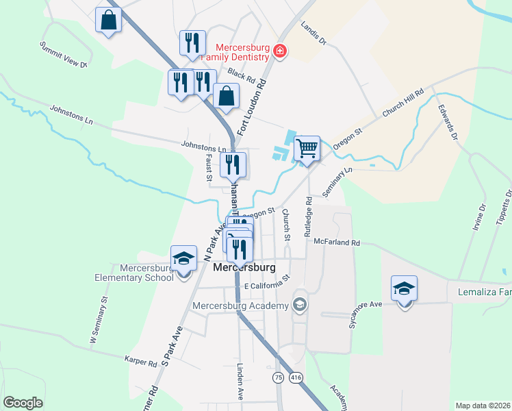 map of restaurants, bars, coffee shops, grocery stores, and more near 33 Oregon Street in Mercersburg