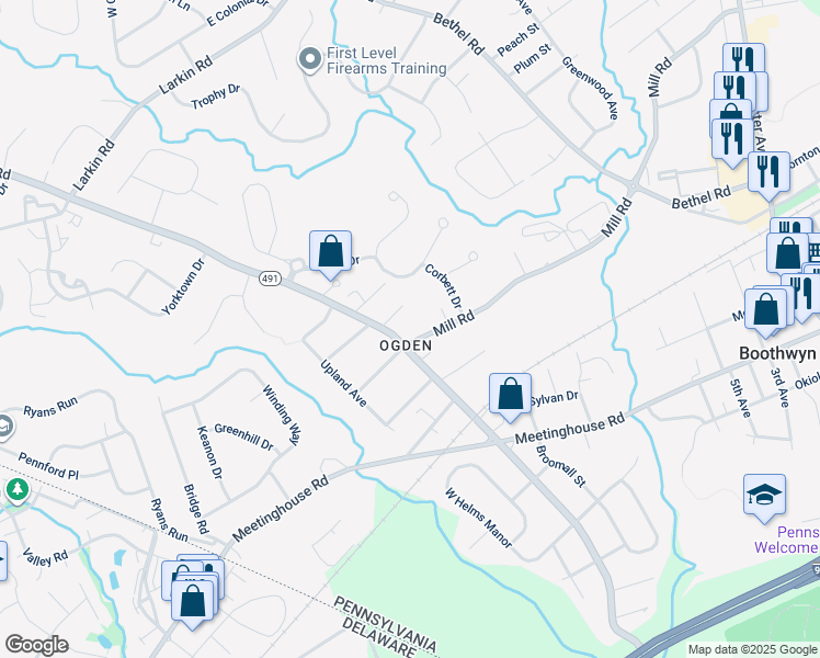 map of restaurants, bars, coffee shops, grocery stores, and more near 2446 Mill Road in Boothwyn