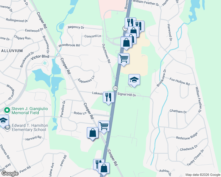 map of restaurants, bars, coffee shops, grocery stores, and more near 111 New Jersey 73 in Voorhees Township