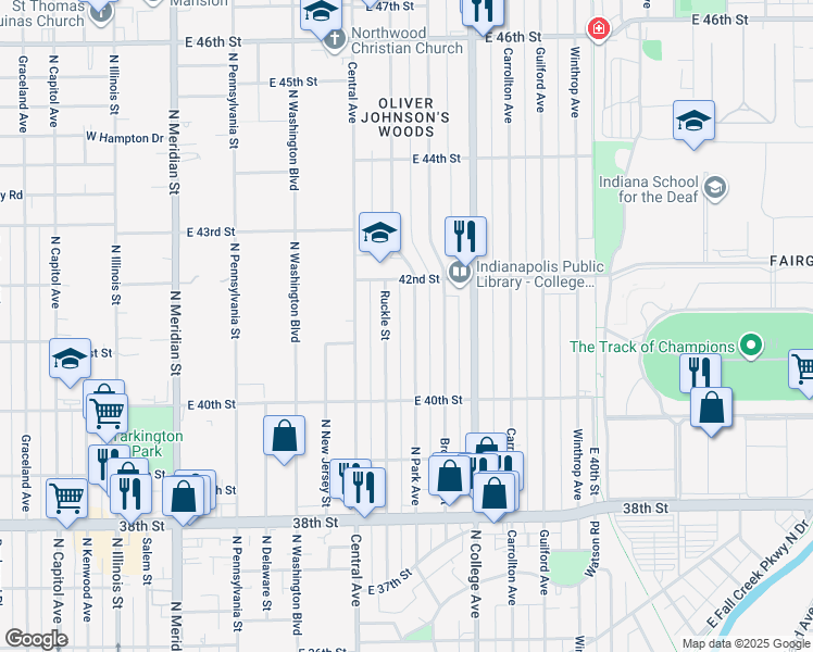 map of restaurants, bars, coffee shops, grocery stores, and more near 4120 North Park Avenue in Indianapolis