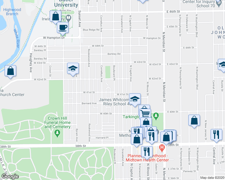 map of restaurants, bars, coffee shops, grocery stores, and more near 4106 Boulevard Place in Indianapolis
