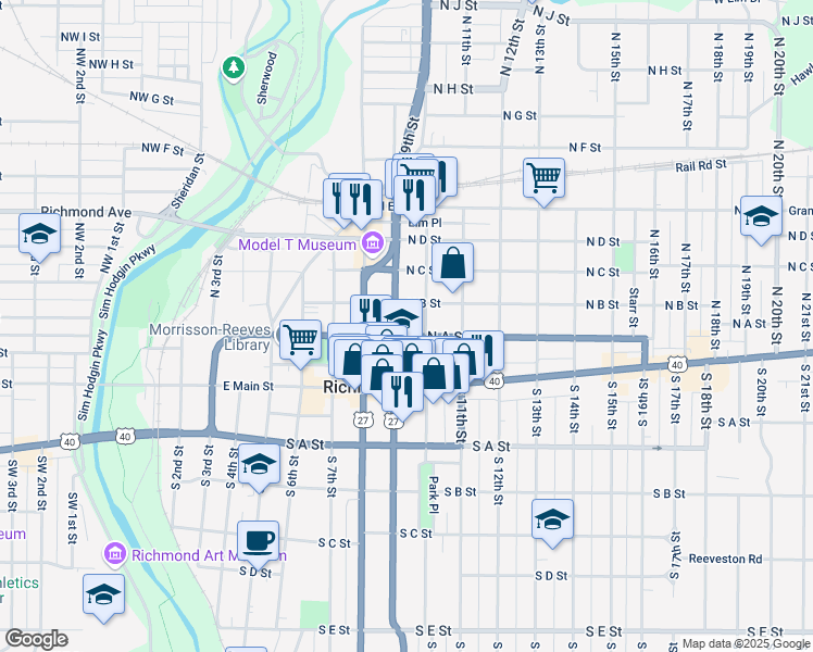 map of restaurants, bars, coffee shops, grocery stores, and more near 100 North 10th Street in Richmond
