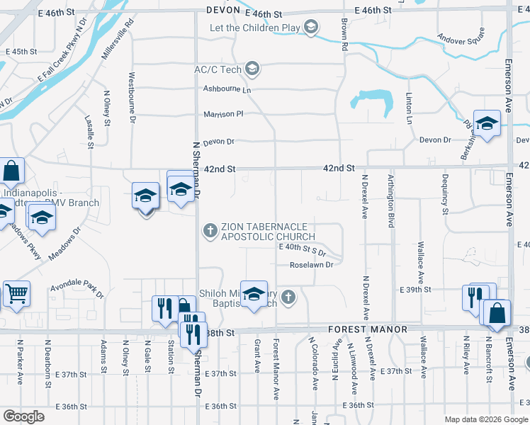 map of restaurants, bars, coffee shops, grocery stores, and more near 4030 Forest Manor Avenue in Indianapolis
