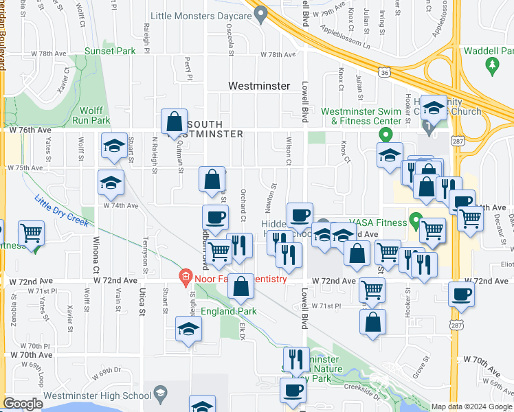 map of restaurants, bars, coffee shops, grocery stores, and more near 7401 Newton Street in Westminster