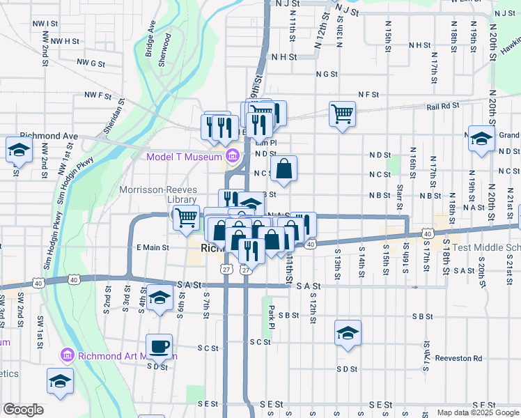 map of restaurants, bars, coffee shops, grocery stores, and more near 100 North 10th Street in Richmond
