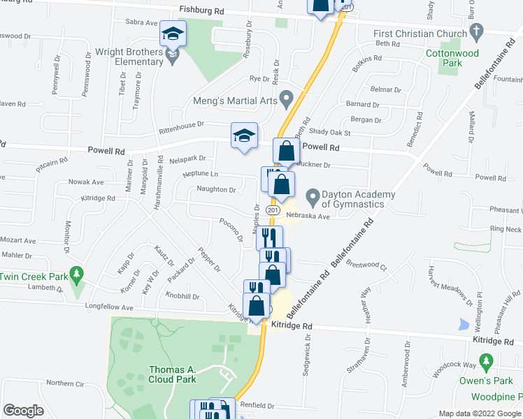 map of restaurants, bars, coffee shops, grocery stores, and more near 5406 Naples Drive in Dayton