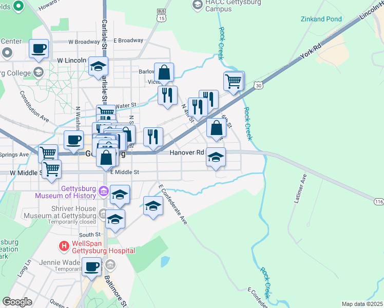 map of restaurants, bars, coffee shops, grocery stores, and more near 131 Hanover Street in Gettysburg