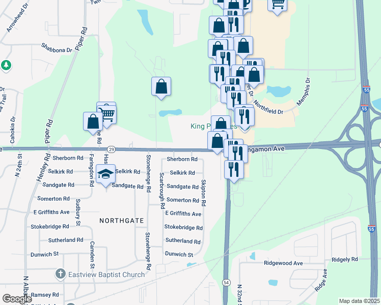 map of restaurants, bars, coffee shops, grocery stores, and more near 2982 East Sangamon Avenue in Springfield