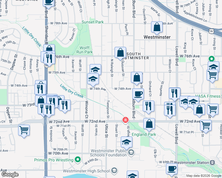 map of restaurants, bars, coffee shops, grocery stores, and more near 7400 Raleigh Street in Westminster