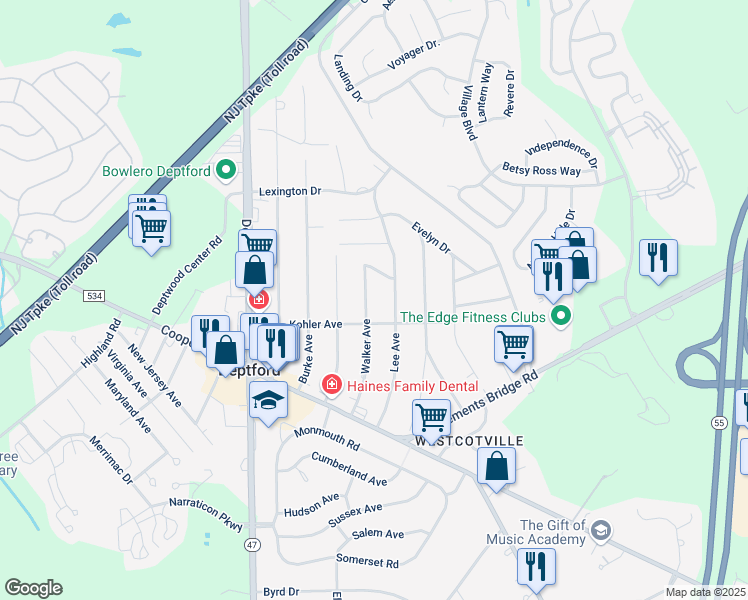 map of restaurants, bars, coffee shops, grocery stores, and more near 139 Walker Avenue in Deptford