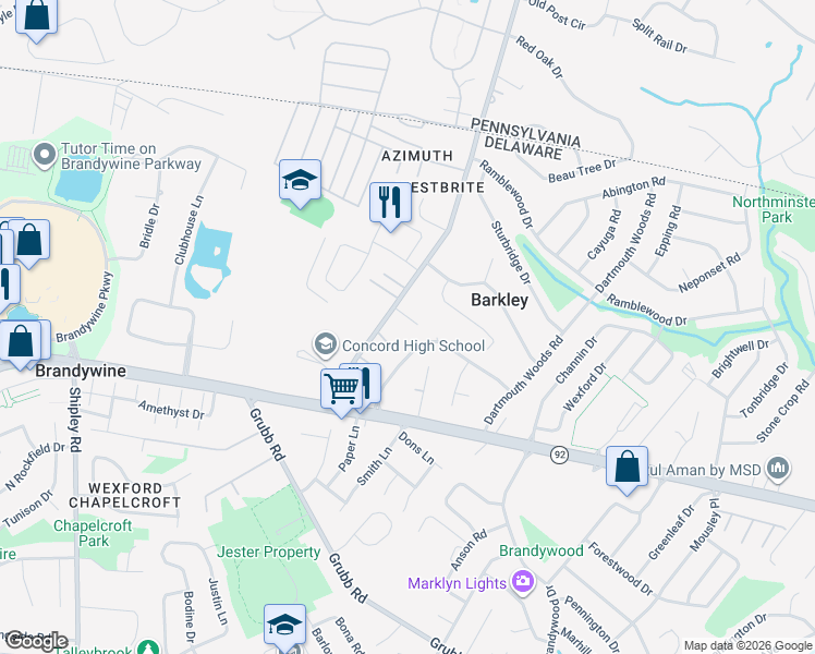 map of restaurants, bars, coffee shops, grocery stores, and more near 2526 Ebright Road in Wilmington